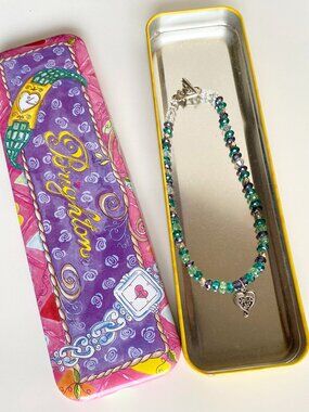 Brighton 925 Sterling Silver Heart Choker Necklace Teal Green Glass Crystal Bead